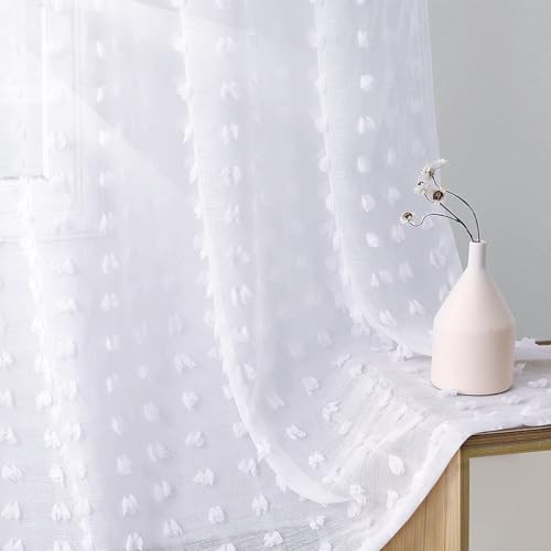 Guken White Sheer Curtains 84 Inch Length 2 Panels Sets for Living Room Bedroom 38 Inch Width Boho Drapes Light Filtering Pom Pom Curtains Semi Sheer Nursery Girls Rod Pocket,W38xL84