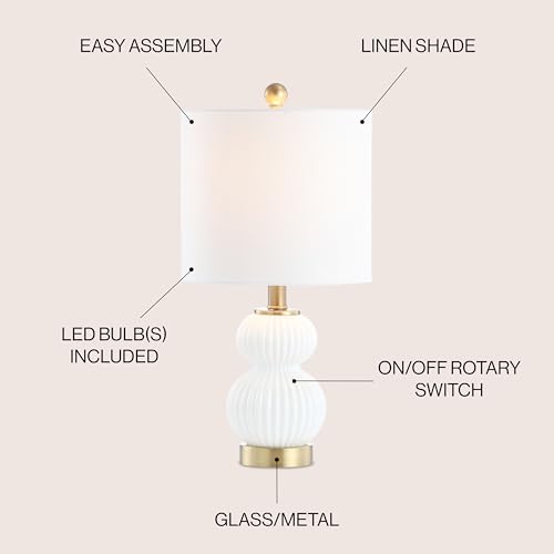 JONATHAN Y 20" White/Brass Gold Ribbed Gourd Glass Table Lamp, Modern Bedside Lamp for Bedroom Living Room, White Linen Drum Shade, LED Bulb Included JYL1099A