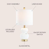 JONATHAN Y 20" White/Brass Gold Ribbed Gourd Glass Table Lamp, Modern Bedside Lamp for Bedroom Living Room, White Linen Drum Shade, LED Bulb Included JYL1099A