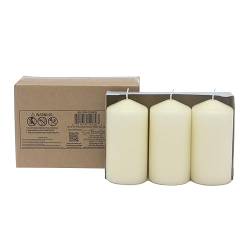 Stonebriar Unscented Pillar Candles – 65 Hour Burn Time, Long-Lasting Wax Candles for Weddings, Holidays, Home Décor & Special Events, Pack of 3, Ivory, 3" x 6"