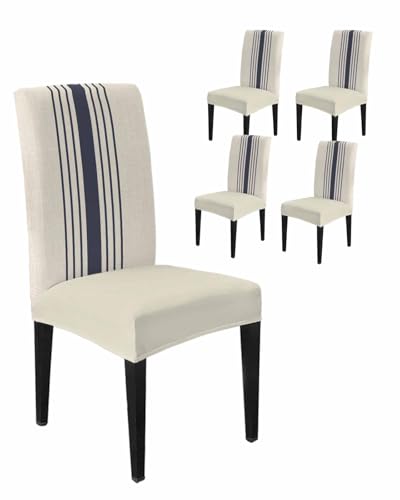 Savannan Chair Covers Set of 4, Modern Navy Blue White Stripe Removable Stretchable Parsons Chair Slipcovers Protector for Kitchen Dining Room Retro Linen Texture