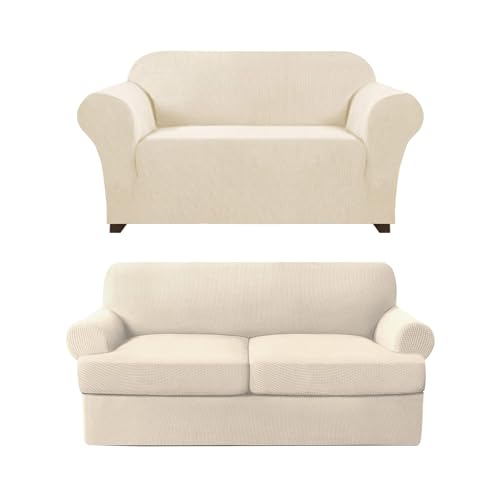 PrinceDeco Stretch Loveseat Sofa Cover Bundle T Cushion Loveseat Slipcover, Natural