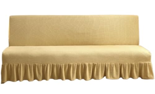 Stretch Futon Cover Slipcover Removable Armless Sofa Bed Slipcovers Full Size with Skirt Ruffled Knitted Futon Sofa Cover Furniture Bed Protector(Rice Yellow,Length 47.2"-55")