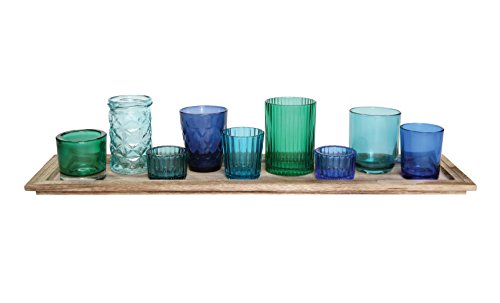 Creative Co-Op 9-Piece Blue and Green Glass Votive Holders on Wood Tray, Multicolor
