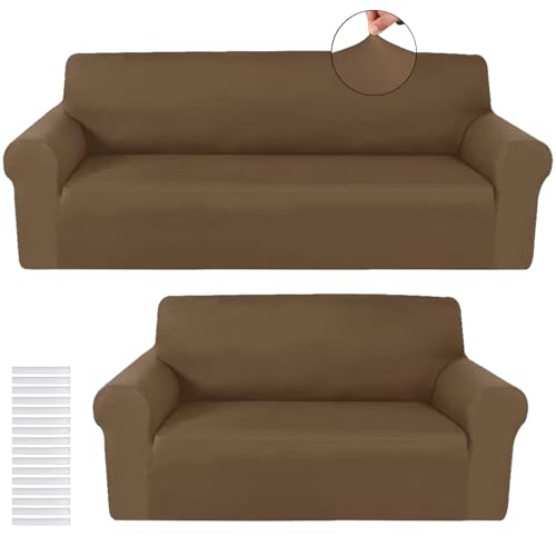 Peryiter 2 Pcs Sofa Covers Couch and Loveseat Covers Set Stretch Sofa Slipcover for Living Room Armchair Furniture Protector, Wrinkle Proof(Chocolate,Milk Silk)