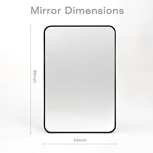 Wall Mount Mirror for Bathroom, Brushed Black Metal Framed Rounded Corner Rectangular Vanity Mirror (24" x 36", Black)