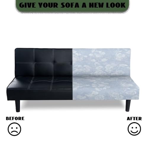 Armless Sofa Cover Stay in Place Futon Cover with Elastic Bottom Stain-Resistant Non-Slip Sofa Bed Slipcover Spandex Elastic Furniture Protector, Light Blue Floral Pattern
