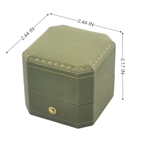 Velvet Ring Box - Octagon Engagement Ring Box with Hinged Lid for Proposal Engagement Wedding, Proposal Ring Case Jewelry Box with Gold Lace PRB003-Green