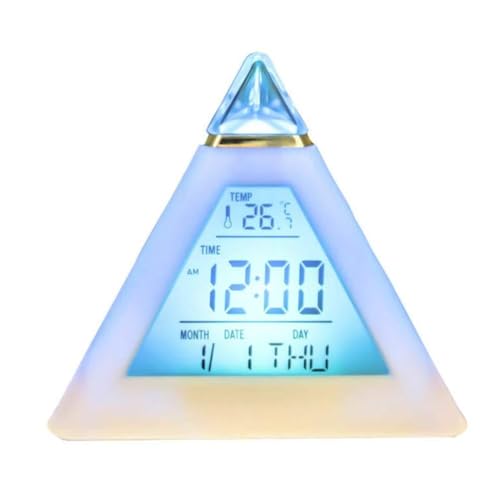 Pyramid LED Alarm Clock with 7 Color Changing Night Light Digital Display Time Date Temperature for Kids Bedroom Home Office Car (Assorted Color)