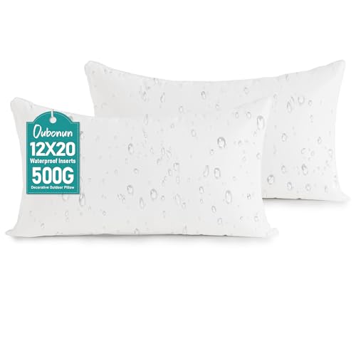 Oubonun 12x20 Outdoor Pillow Inserts (Pack of 2) - Square Waterproof Throw Pillow - Decorative Throw Pillows Insert for Couch Sofa Bed Patio Furniture - White Pillows