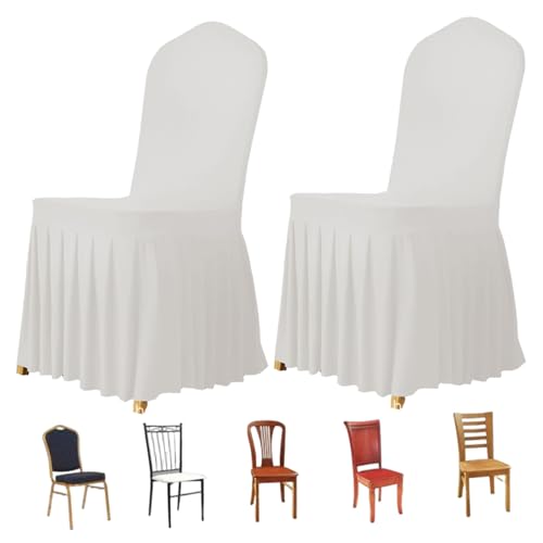 2PCS Dining Chair Slipcovers Stretch White Dorm Chair Cover with Skirt Washable Furniture Protector for Wedding Party Banquet, Stretch Covers