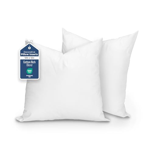 Martex 2-Pack Decorative Throw 12" x 12" Pillow Inserts– Soft, Supportive & Fluffy Cushion Fillers – Poly-Cotton Blend Cover with Plush Polyester Fill – Perfect for Sofa, Bed & Living Room – White