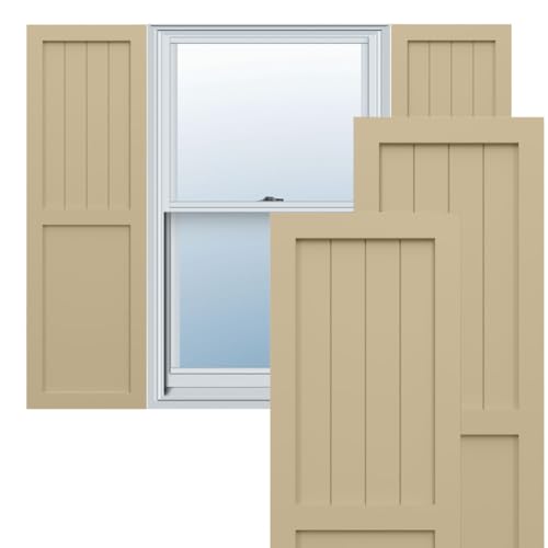 Ekena Millwork 18"W x 25"H True Fit PVC Farmhouse/Flat Panel Combination Fixed Mount Shutters, Natural Twine (Per Pair - Hardware Not Included)