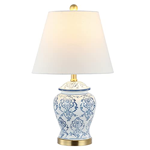 JONATHAN Y 22.25" Blue/White Chinoiserie Ceramic Urn Table Lamp, Traditional Classic Nightstand Lamp for Living Room Bedroom, White Linen Shade, LED Bulb Included JYL3085A