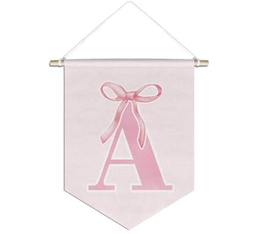 initial Personalized Preppy Canvas Hanging Pennant Flag Banner, Coquette Pink Bow Teen Girl Gifts,Trendy Cute Monogrammed Gifts Wall Decor for Women Teen Girl Nursery bedroom(A)