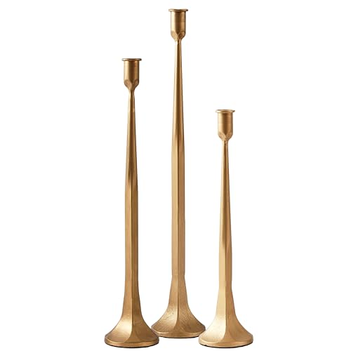 Iron Taper Candle Holder Set of 3, Gold Candlestick Holders 19.3”17” 14” Heightening Decorative Candle Stand Set for Wedding, Dining Table, Home Decoration (Gold)