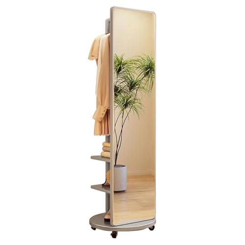 360° Rotatable Full Length Mirror with Coat Rack - White Wooden Floor Mirror for Living Room, Bedroom & Cloakroom - 2-in-1 Standing Mirror and Coat Stand