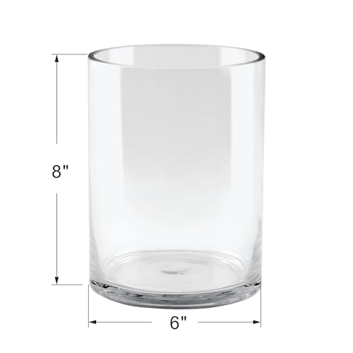 6" Wide 8" High Large Hand Blown Sturdy Clear Cylinder Glass Vase, Centerpiece Flower Vase for Rose, Tulip, Boquets, Hurricane Candle Holder (1, 6"x8")