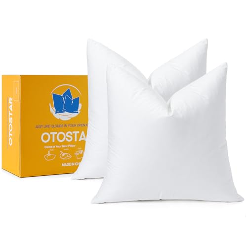 OTOSTAR Pack of 2 Down and Feather Throw Pillow Inserts, 28 x 28 Soft Fluffy Square Pillow Inserts with 100% Cotton Cover Decorative Pillows for Sofa Couch Bed-White
