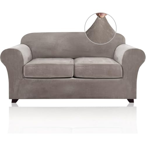 PrinceDeco Velvet Couch Cover Loveseat Covers for 2 Cushion Couch 3 Piece Sofa Covers for Dogs Washable Loveseat Covers Width Up to 72 Inch No Slip Stretch Sofa Slipcover(Medium, Taupe)