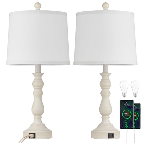 23'' Farmhouse Table Lamps for Living Room Set of 2 with USB C+A Ports, Retro Bedside Lamp for Bedroom, Office, Dining Room, Knob Switch, 3 Color Temperatures, Bulb Included, Beige
