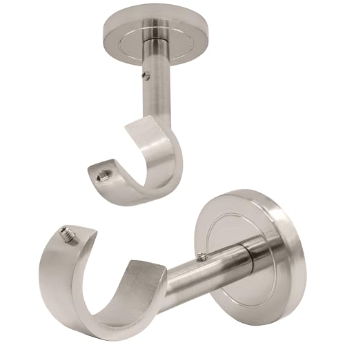 Heavy Duty Curtain Rod Brackets for Wall & Ceiling Installation, 2 Pack Ceiling Mount Curtain Holders, Hardware Bracket Set for 1 Inch Rods, Brushed Nickel