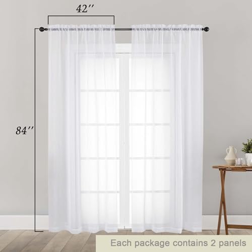 White Sheer Curtains 84 Inches Long 2 Panels Set for Bedroom Living Room, Soft Airy Light Filtering Modern Solid Rod Pocket Drapes Window Treatments, White, Each 42" W x 84" L