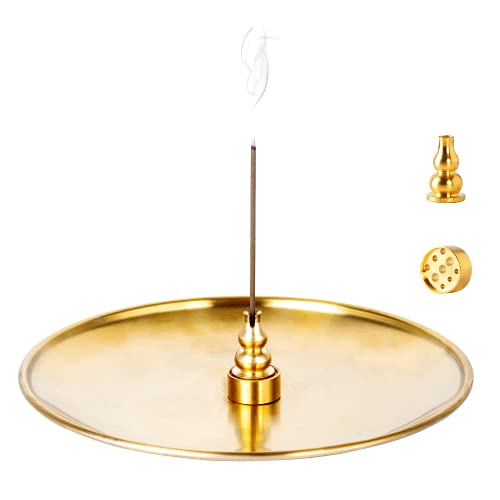 3 in 1 Incense Burner - 6.7 Inch Brass Incense Holder for Incense Sticks/Coil Incense/Incense Cones - Metal Gourd-Shaped Ash Catcher for Meditation Yoga Room Home Decor ZX11M