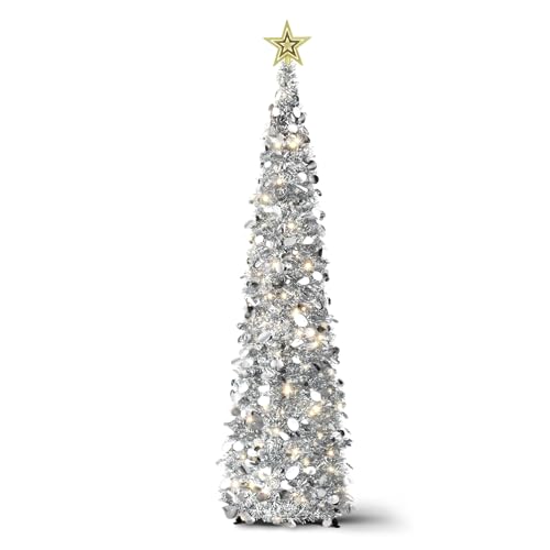 5FT Pop Up Christmas Tree with Lights and Tree Topper- Collapsible Artificial Tinsel Pencil Christmas Tree, Skinny Xmas Tree for Indoor Home Apartment Porch Holiday Party Decorations(Silver)