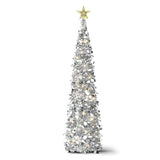 5FT Pop Up Christmas Tree with Lights and Tree Topper- Collapsible Artificial Tinsel Pencil Christmas Tree, Skinny Xmas Tree for Indoor Home Apartment Porch Holiday Party Decorations(Silver)