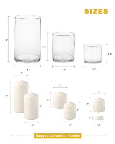 Glass Candle Holders Set, 3 Sizes 8" 5" 3.5" Height | Hurricane Vase Centerpieces, Clear Seeded Bubbles Cylinder, For Pillar Votive Flower, Mother's Day Birthday Gift