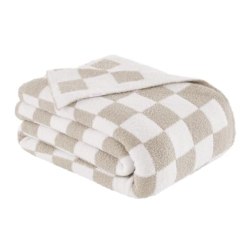 Checkered Throw Blanket, Taupe Soft Cozy Fluffy Knitted Throw Blankets for Couch, Sofa, Bed, Chair, Warm Fuzzy Travel Picnic Lightweight Plaid Blanket, 50x70 inches