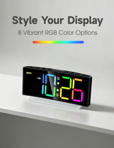 Cadmos Digital Alarm Clock - Extra Loud for Heavy Sleepers Adults Teens Kids, Rainbow Bedside Clock for Bedrooms, Large Display, 7 Color Night Light, Weekday & Weekend, 12/24h (Black+Dynamic)