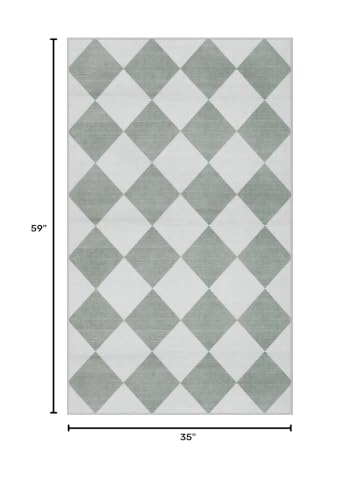 Checkered Print 3x5 Washable Rug for Entryway, Non Slip Soft Small Bedroom Rug 3x5 Ultra Thin Moroccan Bathrooom Decor, Gingham Plaid Carpet for Laundry Entry Kitchen Nursery (Green/White)