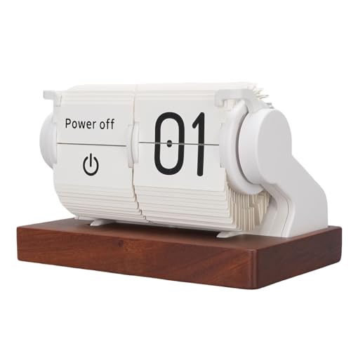 Automatic Mini Flip Clock, Rechargeable Retro Vintage Mechanical Digital Auto Flip Desk Clock with Wood Base, Large Number Timer Calendar Alarm for Home Office Hotel CAF (White)