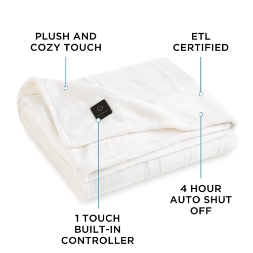 Brookstone Electric Heated Plush Throw - Heated Blankets - 4 Heat Settings, 4-Hour Auto Shut Off, 100% Polyester, 50"x60" - Ivory