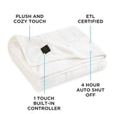 Brookstone Electric Heated Plush Throw - Heated Blankets - 4 Heat Settings, 4-Hour Auto Shut Off, 100% Polyester, 50"x60" - Ivory