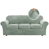 H.VERSAILTEX Modern Velvet Plush 4 Piece High Stretch Sofa Slipcover Sofa Cover Furniture Protector Form Fit Luxury Thick Velvet Sofa Cover for 3 Cushion Couch Width Up to 90 Inch (Sofa, Sea Grass)