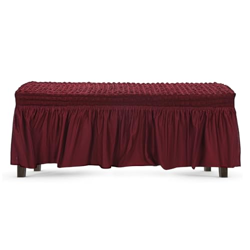 M METERXITY Stretch Dining Bench Cover with Skirt, 31-51" Polyester Soft Seersucker Bench Slipcover Covers Removable Washable for Banquet/Bedroom/Piano Red Wine, Medium