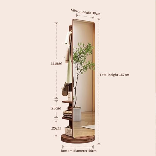 Full Length Mirror with Coat Rack - 360° Rotating Solid Wood Freestanding Floor Mirror with Hooks for Bedroom & Living Room - Space-Saving Stylish Storage Solution