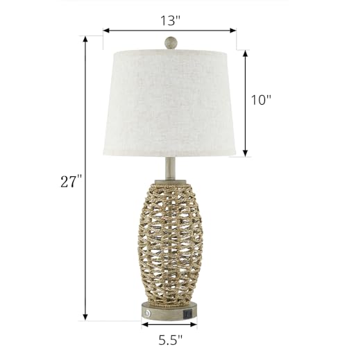 27” Natural Rattan Table Lamps Set of 2,Touch Switch,3-Way Dimmable Bedside Lamps, with A+C USB Charging Ports,Oatmeal Lampshade,Farmhouse Table Lamp for Bedroom, Living Room(2 Bulbs Included)