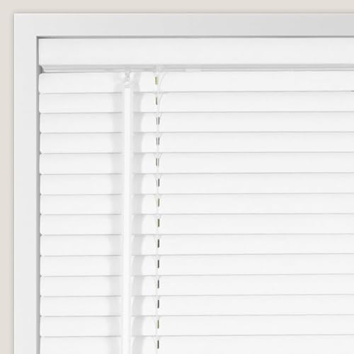 Calyx INTERIORS Room Darkening Vinyl Mini Blinds, Cordless, 1" Slat, 31.5" W x 60" H, White. Inside Mount in Windows 31.75 and Greater; Indoor Window Shades