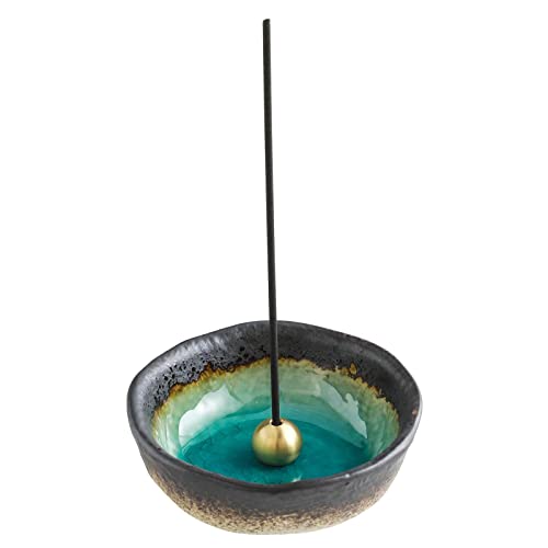Asayu Japan Small Mini Incense Holder for Sticks, Nature Aquamarine Color, 3.3 inch (83mm), Made in Japan Ceramic Ash Catcher & Brass Incense Burner Set for Relaxation, Meditation, Office & Home Decor