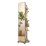 Floor-Standing Solid Wood Rotating Coat Rack，Rustic Wood Full Length Mirror with Coat Rack 360° Rotatable Standing Mirror and Coat Hanger for Bedroom and Living Room Roller Version