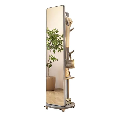 Floor-Standing Solid Wood Rotating Coat Rack，Rustic Wood Full Length Mirror with Coat Rack 360° Rotatable Standing Mirror and Coat Hanger for Bedroom and Living Room Roller Version