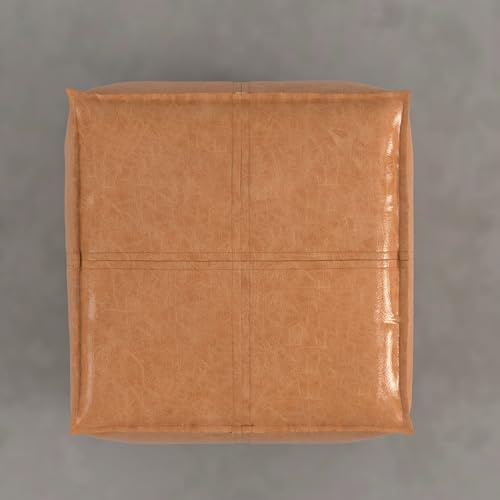 SIMPLIHOME Brody 18" Wide Vegan Leather Square Pouf in Distressed Camel