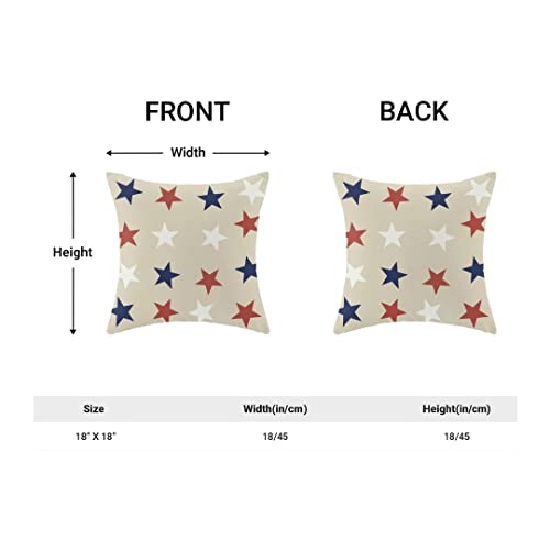 4th of July Throw Pillow Cover, 18x18 Inch Set of 2 Blue Red White Stars Patriotic Decorative Outdoor Cushion Cover Independence Memorial Day Pillow Cases Linen Farmhouse for Sofa Couch Bed