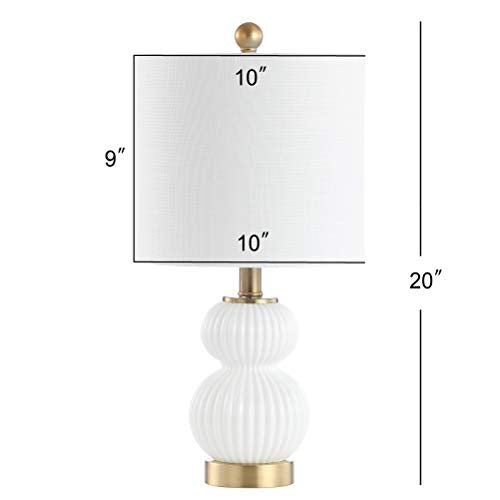 JONATHAN Y 20" White/Brass Gold Ribbed Gourd Glass Table Lamp, Modern Bedside Lamp for Bedroom Living Room, White Linen Drum Shade, LED Bulb Included JYL1099A