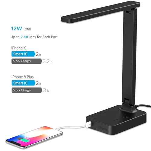 LED Desk Lamp for College Dorm Room, Desk Light with 1 USB Charging Port 2 AC Power Outlet, 3 Lighting Modes, 3 Level Brightness Touch Lamp, Eye-Caring Home Office Foldable Table Lamp