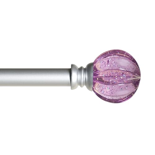 Kenney – Estrella Curtain Rod, Durable Steel with Purple Sparkle Fluted Acrylic Ends, 5/8" Diameter, Adjustable 28–48", Brushed Nickel Finish